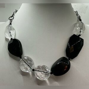 BLACK CLEAR BEAD CHUNKY CHOKER NECKLACE SILVERTONE